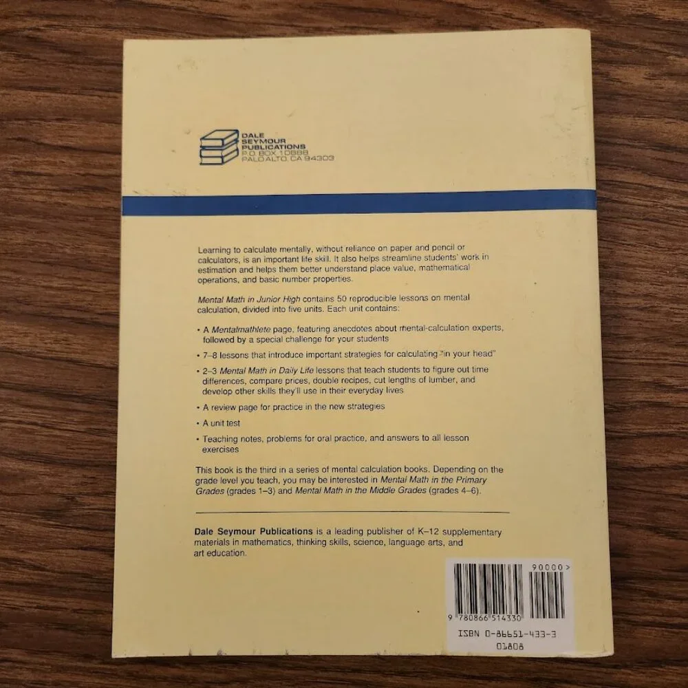 Mental Math in Junior High Workbook Grades 7-9 Paperback Activity Book Mathemati
